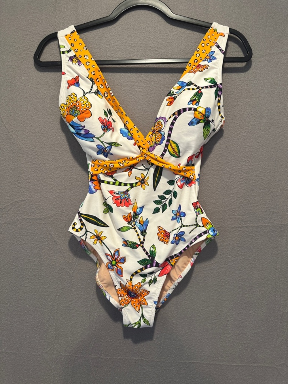 Floral V-Neck One-Piece Swimsuit in White and Yellow - Picture 1 of 4
